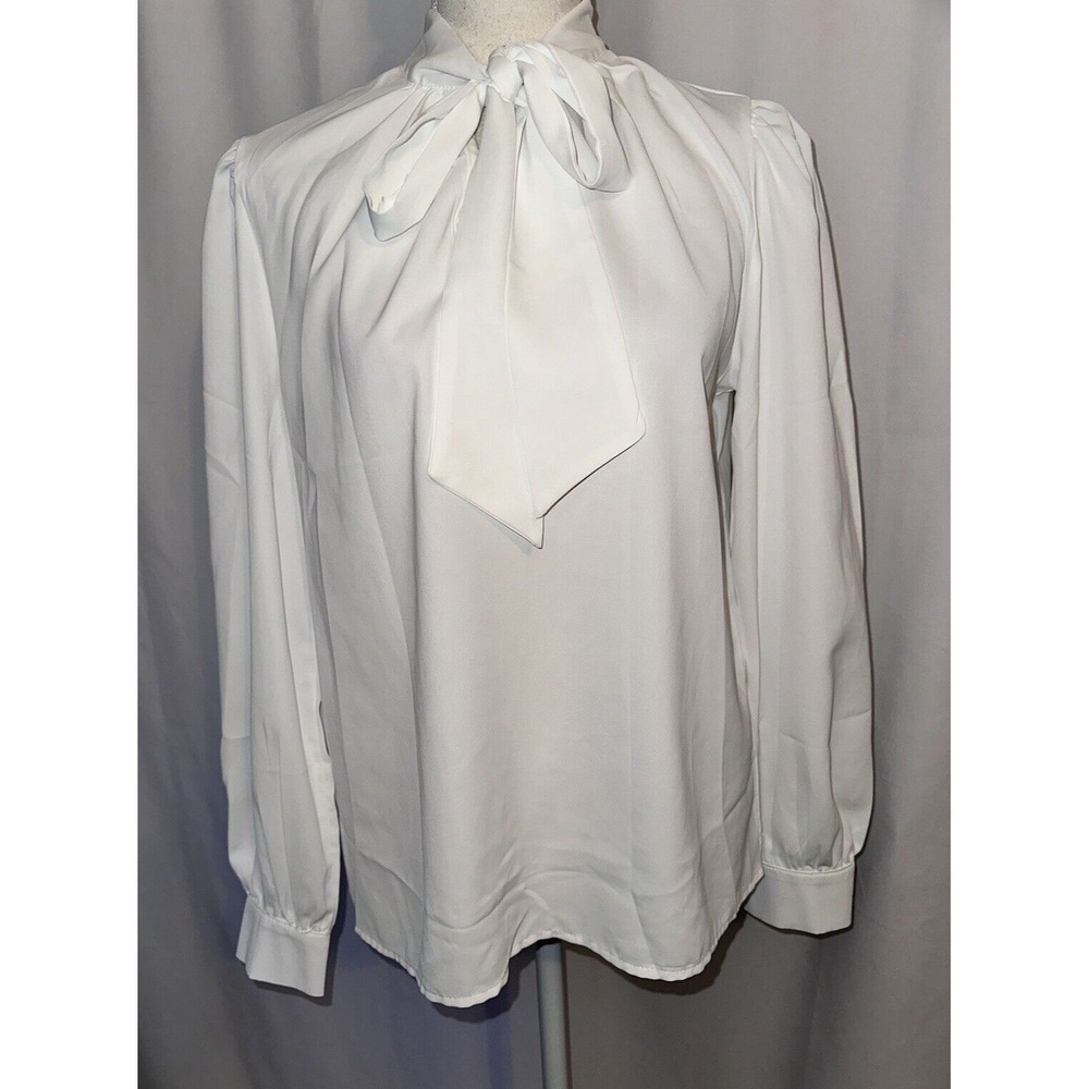Rooscier Blouse Womens Size S Balloon Sleeve Stretch Tie Neck Button Wrist Sheer